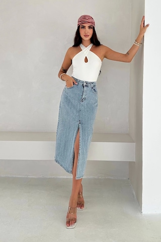 Paralel Taşlı Yırtmaçlı Denim Etek Mavi Mavi