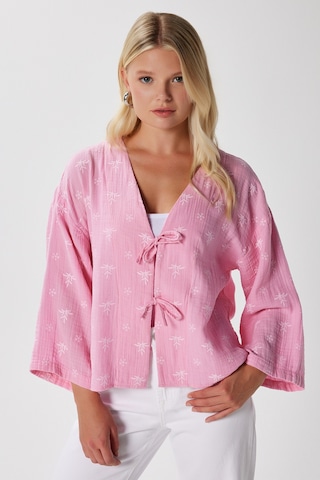 Ritnice Kadin Flora Müslin Kabartma Dokulu Pembe Kimono Pembe