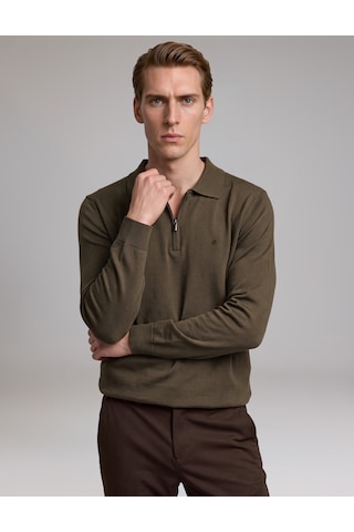 Pierre Cardin Haki Slim Fit Fermuarlı Polo Yaka Basic Triko Kazak 50333917-vr027