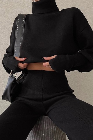 Cıqulata Triko Crop Pantolon Takım Siyah Siyah