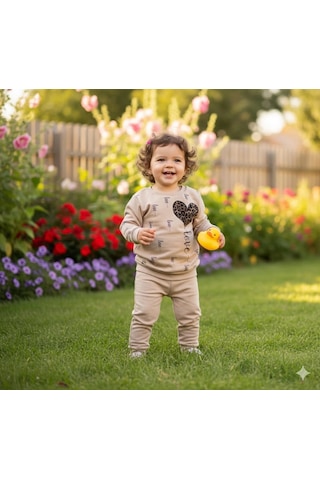 Kız Çocuk Leopar Desenli Kalp Baskılı Alt Üst İkili Gündelik Takım 1-4 Yaş Kahvrengi