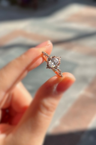 925 Ayar Gümüş Rose Gold Oval Kesim Zirkon Taşlı Vintage Tasarım Kadın Yüzük Rose