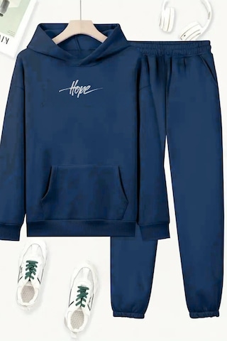 Unisex Lacivert Hope Baskılı Eşofman Kapüşon- Kışlık Şardonlu Kumaş Lacivert