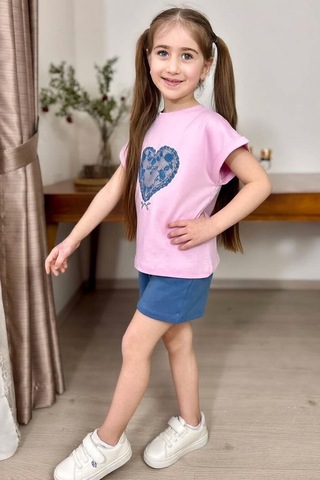 Riccotarz Kız Çocuk Göğsünde Dantel İşleme Kalp Detaylı Pembe T-shirt Beli Lastikli Şortlu Takım