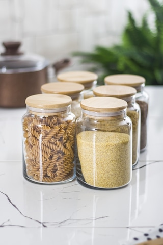 6 Lı Set Bambu Kapaklı Cam Kavanoz & Erzak Saklama Kabı 800 Ml Orta Boy Vakum Kapak Stantart