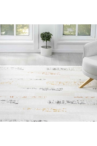 Beyaz Çok Renkli Yatay Blok Desenli Modern Halı - Nd5114mv