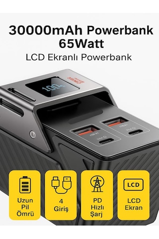 30000mah 65w Hızlı Şarjlı Dijital Göstergeli Taşınabilir 2usb 2ty