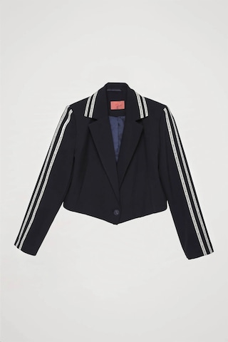 Quzu Yazı Şeritli Tek Düğmeli Crop Blazer Lacivert Kadın Ceket Ckt00121 Lacivert