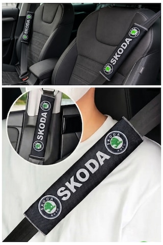 Skoda Araçlar İçin Dijital Baskılı Siyah Emniyet Kemer Pedi 2 Li Set
