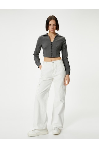 Koton Gömlek Yaka Crop Bluz Slim Fit Uzun Kollu Korse Görünümlü Antrasit 4sal60148ıw 4SAL60148IW924 Antrasit