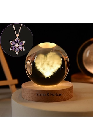 Büyük Boy Işıklı Ahşap Kaideli Kalp Temalı Cam Küre 8cm Ve Lotus