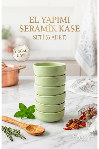 6 Lı Seramik Kase Seti Açık Yeşil El Yapımı Minimal Sunum Kasesi 8,5 Cm