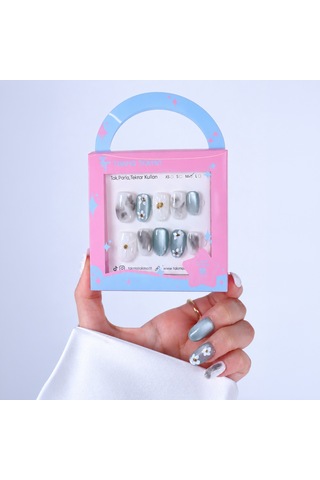 Takma Tırnak Mavi Nail Art Kısa Oval 10'lu Tekrar Kullanılabilir El Yapımı Protez Takma Tırnak S