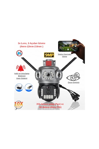 Apronx 9mp 10x Zoom Wifi Kamera 3 Lens Üçlü Görüş Ptz Güvenlik Kamerası Dış Mekan Su Geçirmez