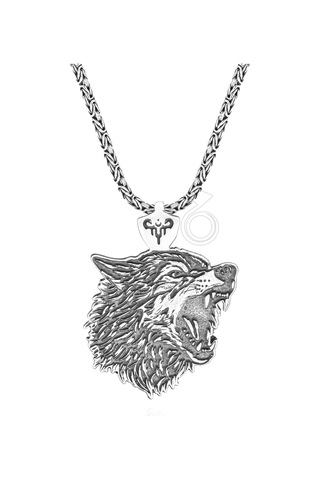 925 Ayar Gümüş Bozkurt Tasarım Kral Zincirli Erkek Kolye Gümüş