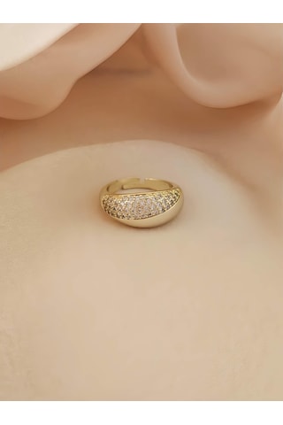 Bombeli Oval Zirkon Model Zirkon Taşlı Ayarlanabilir Gold Altın Renkli Yüzük Gold