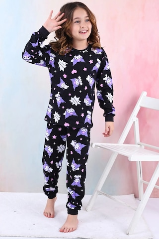 Kuromi Desenli Kız Çocuk Pijama Takımı Pembe 3-8 Yaş Siyah