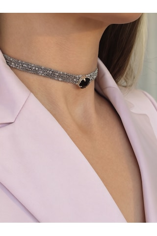 Kordon Zincir Örme Kristal Taşlı El Yapımı Choker Tasma Siyah Silver Renk Kolye