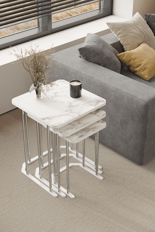 3' Lü Kare Zigon Sehpa Gümüş Ayak Beyaz Mermer Desen 18 Mm Mdf Gümüş - Beyaz Mermer