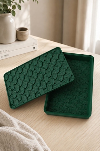 Desenli Kapaklı Dekoratif Kutu Masa Üstü Organizer Takı Aksesuar Saklama Kutusu Pla 20x12.5 Cm Yeşil