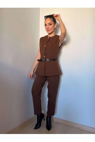 Ali Butik Kahverengi Kemer Detaylı Yelek Takım Kahve