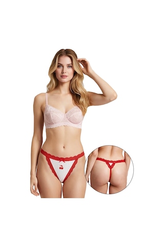Sensu Kadın Tekli Kırmızı Kiraz Baskılı Fiyonklu String Kırmızı