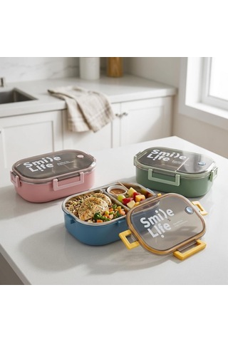 Lexroo Paslanmaz Çelik Yemek Kabı 980 Ml, Bölmeli İç Hazneli Kilitli Kapaklı Lunch Box Çok Renkli