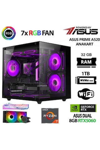 Asus Prime X3 R7-5700X 32 GB 1 TB M.2 Nvme Ssd RTX5060 Masaüstü Oyuncu Bilgisayarı