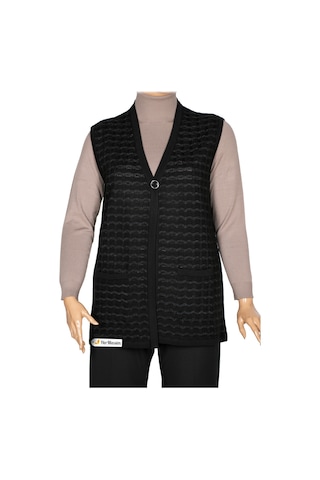 Hermevsim Hesna Kadın Banu Hafif Simli Dalgalı Desen Cepli Triko Siyah Yelek