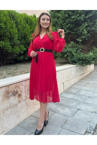 Defymoda Kadın Şifon Kumaş Astalı Kloş Kesim Kruvaze Yaka Midi Boy Elbise Kırmızı