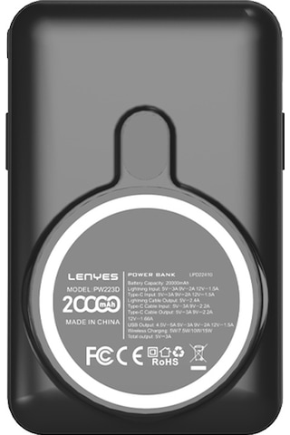 Lenyes Pw223d 22.5w 20.000mah Dijital Göstergeli Kablosuz Type-c&lightning Kablolu Powerbank Siyah