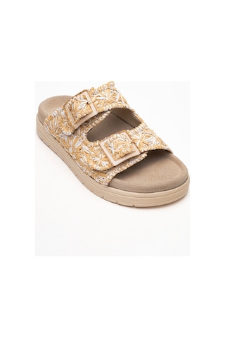 Luvishoes Luvi Shoes Mılana Bej Desenli Hakiki Deri Tokalı Çift Bantlı Kadın Terlik Bej