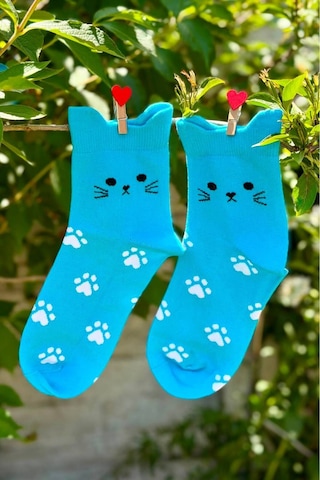 Lousocks Unisex Sevimli Kedi Kulaklı Pati Desenli Soket Çorap Turkuaz