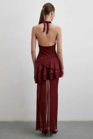 Boyun Askılı Fırfırlı Tül Elbise Bordo Bordo