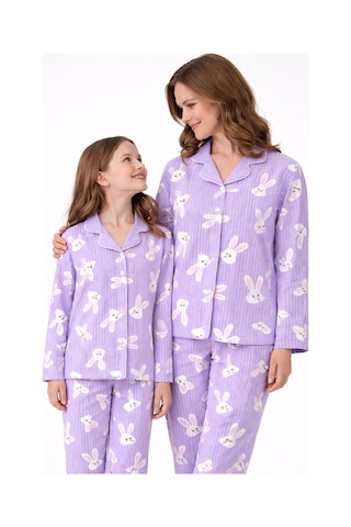 Free Beka Lila Çizgili Ve Tavşan Desenli Uzun Kollu Önden Düğmeli Gömlek Yaka Anne Kız Pijama Takımı Kombin Lacivert