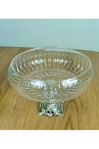Assa Bazaar Lotus Kristal 24 Cm Kesme Dekor Metal Ayaklı Salata Kasesi Şık Cam Sunumluk Gümüş