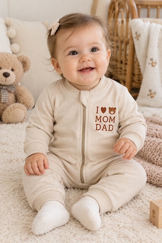 Beniizle Baskılı Unisex 3 İplik Şardonlu Fermuarlı Bebek Tulum Ekru