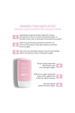 Sinoz Pink Touch Yüksek Koruyucu Ton Eşitleyici Pembe Yüz Güneş Kremi SPF50+ 50 ML