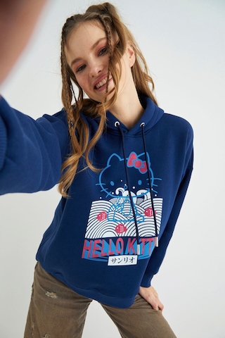 Hello Kitty Lisanslı Baskılı Kapüşonlu Lacivert Sweatshirt Renkli