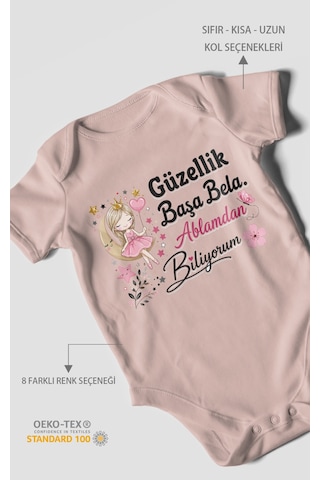 Morivokids Güzellik Başa Bela Ablamdan Biliyorum Kısa Kollu Bebek Body %100 Pamuk Pastel Pembe