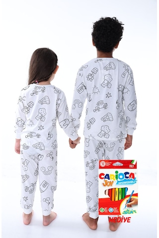Zuzunga En Sevimli Figürler Özel Kalemi İle Boyanabilir Çocuk Pijama Takımı 12'li Kalem Seti Hediye Beyaz1 Beyaz