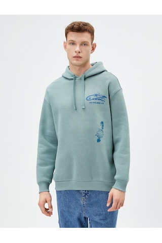 Koton Arkası Baskılı Sweatshirt Kapşonlu Rahat Kesim Uzun Kollu Yeşil 4wam70453mk Yeşil