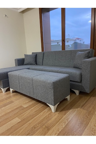 Açık Gri Keten Köşe Koltuk Takımı+puf