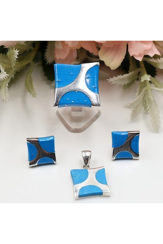 Firuze Taşlı Kare Set Rose Gold - Gümüş