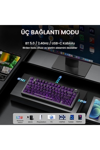 Aula F75 Mekanik Rgb Tkl Seiya Switch Kablosuz Makrolu Hot Swap Klavye Desenli Siyah