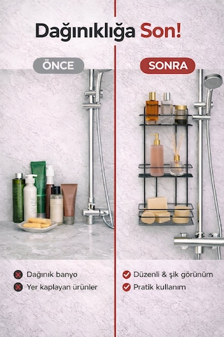 3 Katlı Siyah Yapışkanlı Banyo Rafı, Şampuanlık Duş Düzenleyici, Paslanmaz Metal Banyo Duvar Askısı - TŞ-03