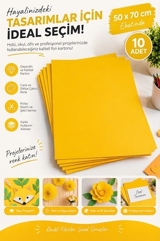 Sarı Fon Kartonu 50x70 Cm 10 Lu Paket, Renkli Fon Kağıdı, El İşi, Okul Ve Sanat Etkinlikleri İçin