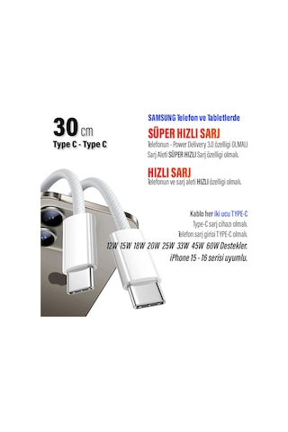 30cm Typec Şarj Kablosu 60w Hızlı Type-c Girişli Samsung Telefon Uyumlu Typec To Typec