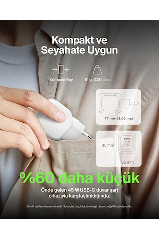Belkin Kompakt Duvar Şarj Cihazı 45 W + Usb-c - Usb-c Kablosu, Ap