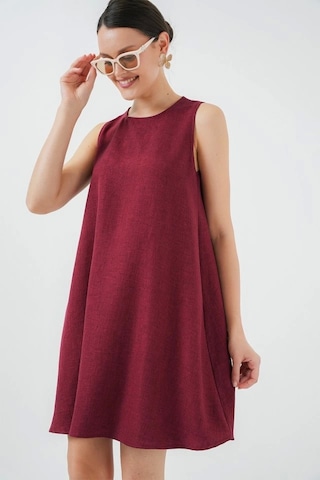2444 Mini Keten Elbise - Bordo Bordo